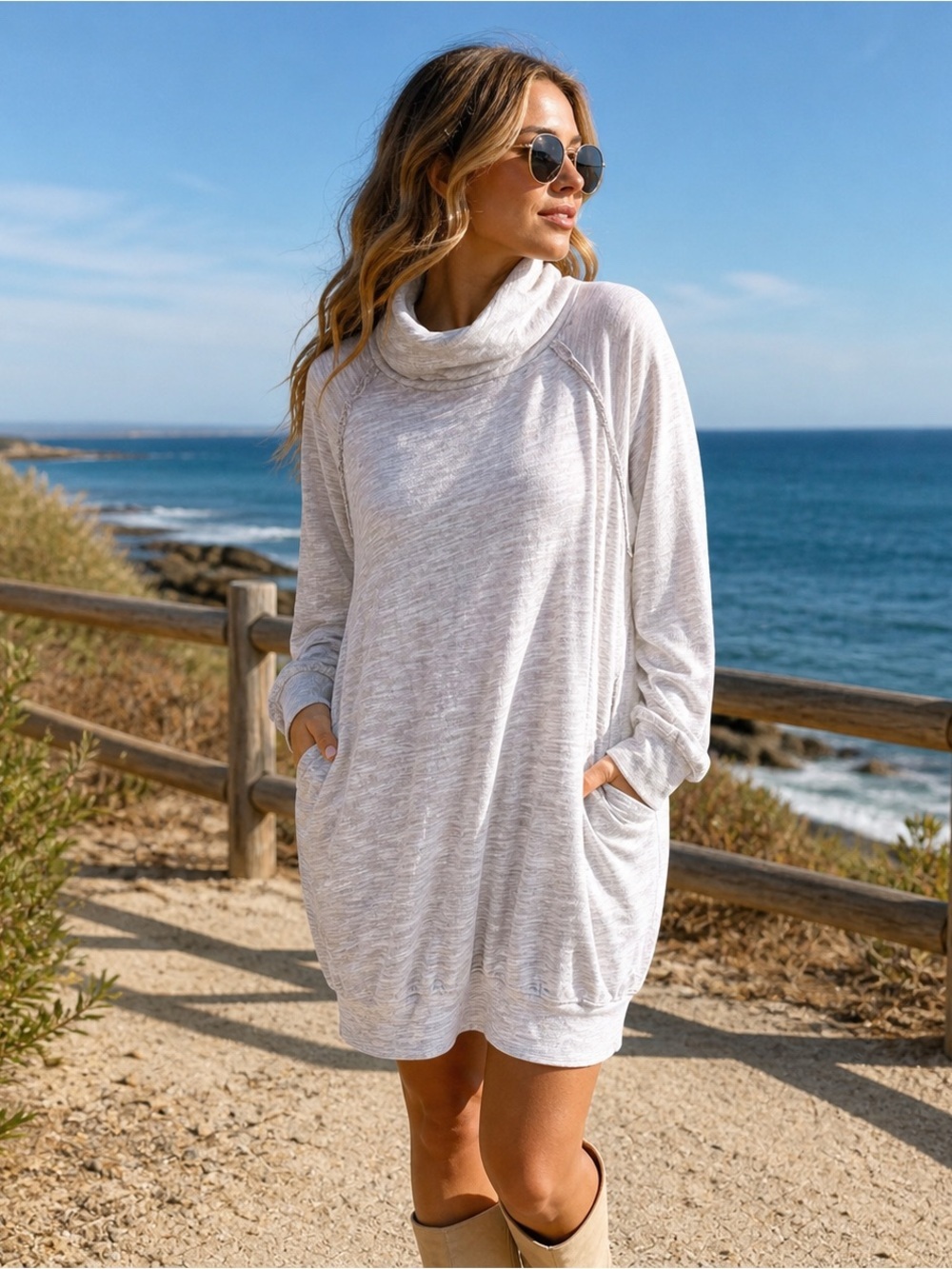 Free People Beach Terri Cocoon Dress Cowl Neck Oatmeal One Size Coastal Resort